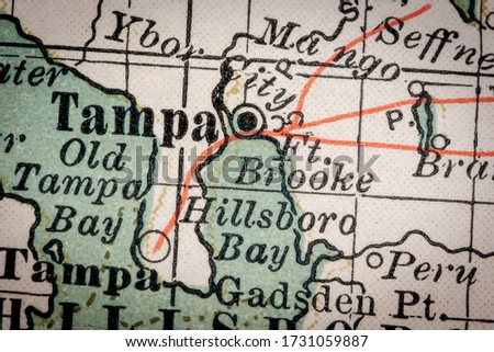 Tampa, Florida. Selective focus on name. Old map fragment originally dated 1897.