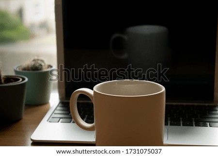grey cup in front of a computer screen with its own reflection and a cactus and a window at the background