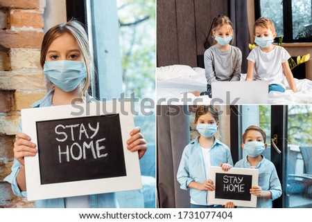 collage of siblings in medical masks holding chalkboard with stay home lettering and using laptop at home