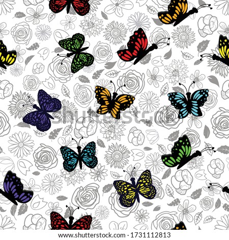 Hand drawn garden flower doodle with colorful rainbow butterflies .Seamless pattern background.Perfect for scrap booking , textile and home decor projects.Surface pattern design.