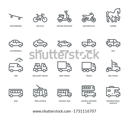 Road Transport Icons, Side View. Monoline concept
The icons were created on a 48x48 pixel aligned, perfect grid providing a clean and crisp appearance. Adjustable stroke weight.  Royalty-Free Stock Photo #1731116707