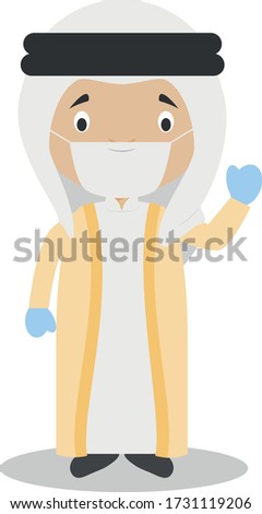 Character from United Arab Emirates dressed in the traditional way and with surgical mask and latex gloves as protection against a health emergency