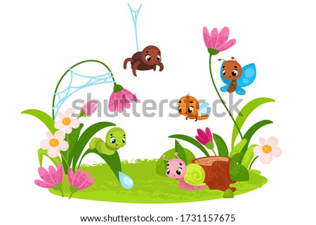 Vector illustration with insects. Nature, flowers and insects. Vector illustrations for children books.