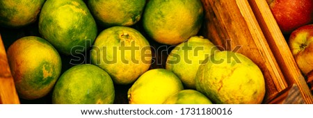 Banner of exotic summer diet. Tropical organic fruit in crate. Tangerine delivery. Autumn harvest. Stock photo.