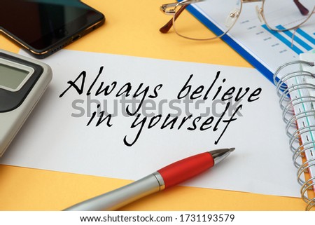 Workspace office desk - photo on top of workspace card with text Always believe in yourself