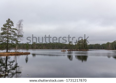 Lake, calm water, forest reflection in the water, cloudsAutumn landscape. Sweden.