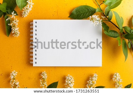 Mock up empty paper card with frame of white flowers. Floral arrangement with copy space on a yellow background. Flatlay. Copy space. The first day of spring, summer.