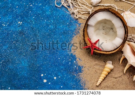 Seashells summer background. Lots of different seashells piled together, sea star. Navy blue nautical background