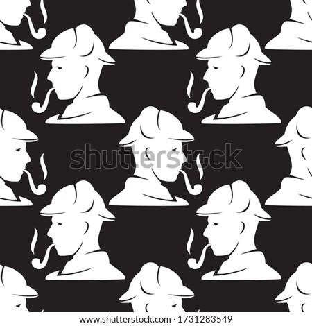 seamless pattern silhouette of vintage man in hat with tobacco pipe on black background. Vector image eps 10