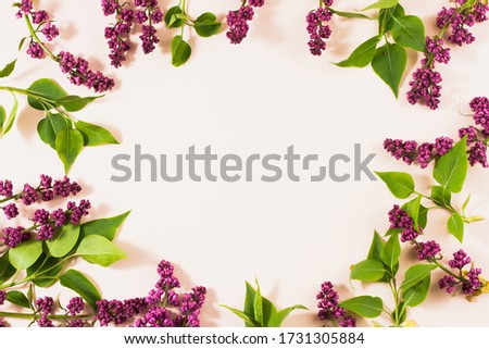 flowering branches of lilac on a pastel background with copy space. A bunch of serenity on a beige background with a place for an inscription. Spring concept