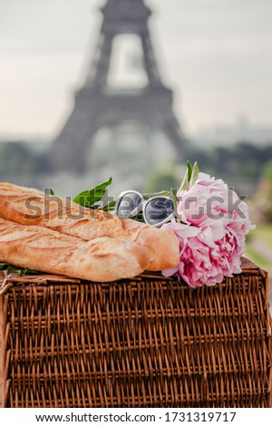 Travel to Paris and see Eiffel tower. In 2020 Trocadero is empty, so we can have such empty background pictures with traditional french baguette, flowers and picnic basket
