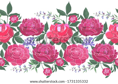 Vector floral seamless border. Summer flowers, green leaves. Pink peonies, blue sage, garden flowers isolated on white background.