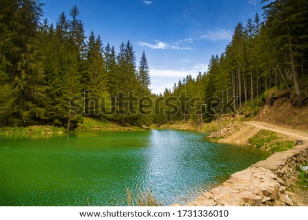 View of a beautiful green mountain lake.
