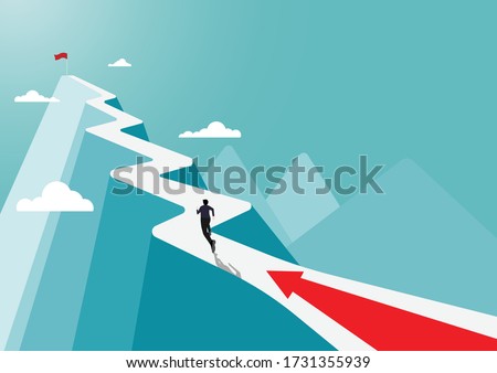 Businessman running to the success flag on top of the mountain,  symbol of the startup, business finance concept, achievement, leadership, vector illustration flat style Royalty-Free Stock Photo #1731355939