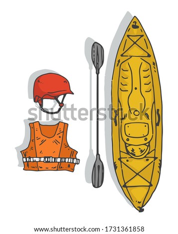 Kayak sport elements on flat background. Isolated objects. Sea sports. Helmet, lifejacket, board, and paddle.