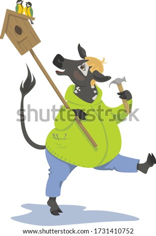 The Cow is  carring a birdhouse. Vector illustration for Chinese bull year calendar.