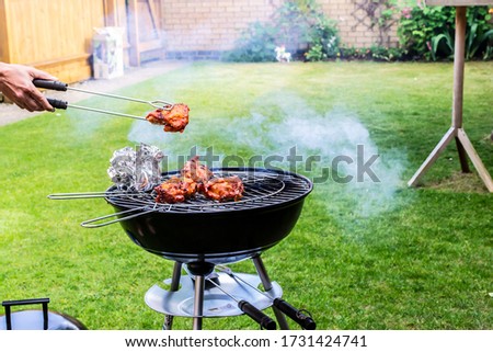 Chicken cooking on a bbq in a garden Royalty-Free Stock Photo #1731424741