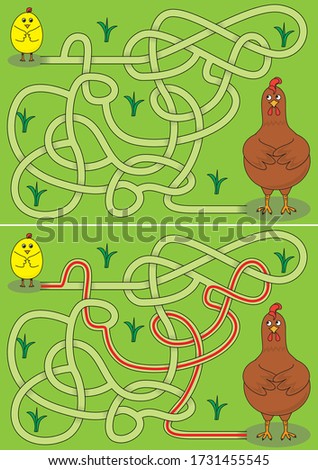 Chicken maze for kids with a solution