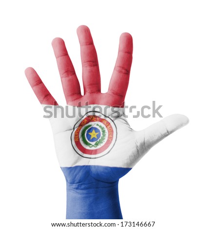 Open hand raised, multi purpose concept, Paraguay flag painted - isolated on white background