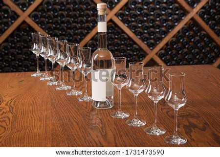 bottle with a transparent drink and a lot of empty glasses for grappa stand in a row, tasting concept Royalty-Free Stock Photo #1731473590