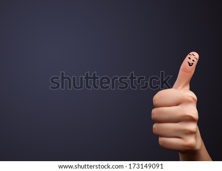 Happy cheerful smiley fingers looking at empty wall copyspace