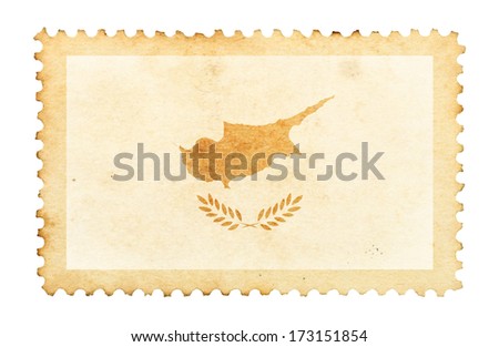 Water stain mark of Cyprus flag on an old retro brown paper postage stamp. 