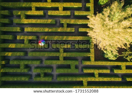 Green labyrinth in garden geometrical symmetry maze rainbow umbrella Aerial drone view