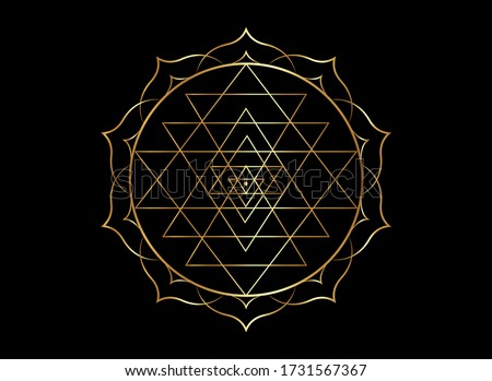 Gold mystical mandala of Sri Yantra for your design. Golden sacred geometry and alchemy symbol blooming in a gold lotus flower, vector isolated on black background  Royalty-Free Stock Photo #1731567367