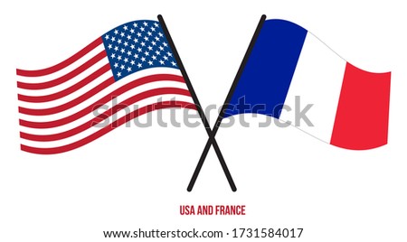 USA and France Flags Crossed And Waving Flat Style. Official Proportion. Correct Colors.