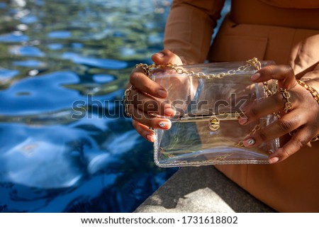 close up shop of a African american black woman hands holding a clear hand bag by a water fountain in Chicago.  she's wearing a fashionable brown trench coat.