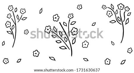 An isolated set of black and white hand-drawn abstract flowers, single buds and leaves. Children's botanical clip-art in the Scandinavian style. Collection of doodles for graphic design. Vector.