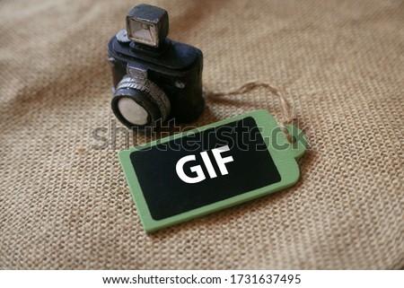 Selective focus of miniature toy of camera and wooden tag written with GIF on rugs background.