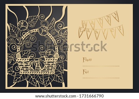 Summer basket with flowers. Papercut template, laser cutting. Rustic motif for openwork card.