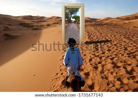 Teleport in the desert,Another location is visible through the door in front of the cameleer in the desert, door in the desert