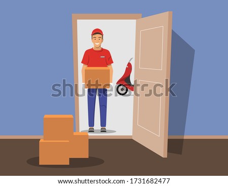 Delivery guy handing box on doorway a motorcycle in the background . Stock vector illustration. Delivery order to you door.Open doors. Outside the house.