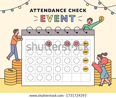 Event Point Event Poster. Small people around a huge calendar. flat design style minimal vector illustration.