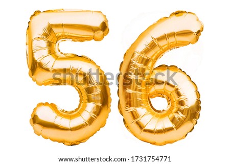 Number 56 fifty six made of golden inflatable balloons isolated on white. Helium balloons, gold foil numbers. Party decoration, anniversary sign for holidays, celebration, birthday, carnival.