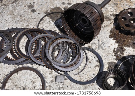 Old car parts, metal parts and impellers