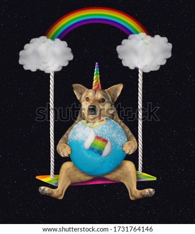The beige cat unicorn in rainbow heart shaped sunglasses and a cup of coffee is riding on the cloud swing at night. Stars background.