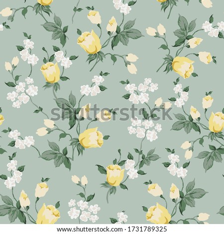yellow vector flowers with green leaves pattern on green background