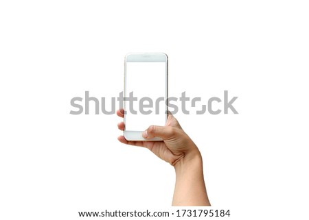 Hands using smartphone with blank screen on white background