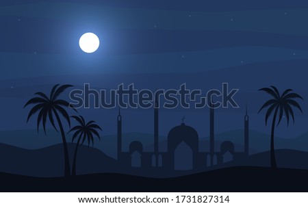 Night Desert Islamic Mosque Date Palm Tree Arabian Landscape