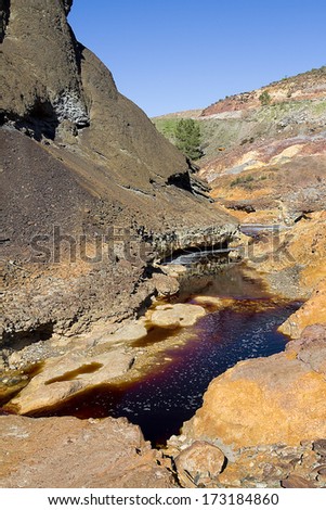 Rio Tinto river, Huelva, Spain. As a possible result of the mining, Rio Tinto is notable for being very acidic (pH 2) and its deep reddish hue is due to iron and copper dissolved in the water.