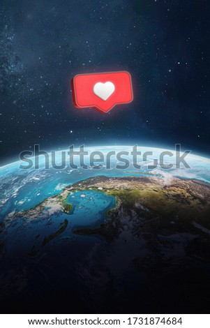 Like button on orbit of Earth planet. Social media content. Community at network. Elements of this image furnished by NASA