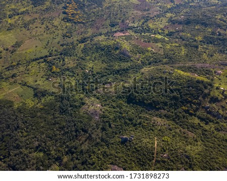 Aerial drone photography of a tropical landscape, with forest and mountains Kumbira forest reserve, on Conda, Sumbe, Angola