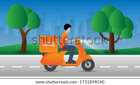 Express or fast delivery concept . Deliveryman on motorbike over city in flat design  Vector illustration .