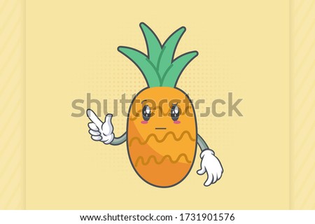 REALLY, ATTENTIVE, Curios Face Emotion. forefinger pointed at Hand Gesture. Pineapple Fruit Cartoon Drawn Mascot Illustration.