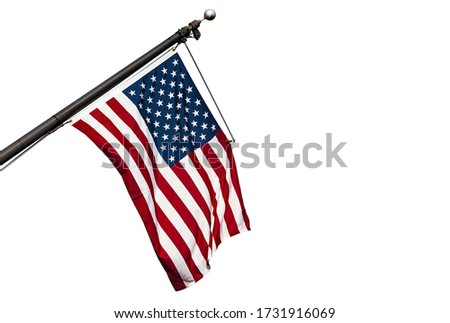 American flag hanging on a flagpole, USA flag isolated on white background, high resolution picture