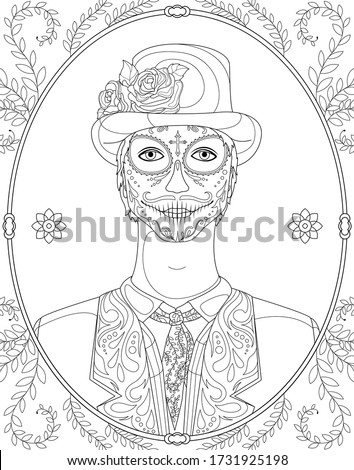 Black and white anti-stress paint. Contour painting. A man with traditional Katrina makeup for the day of death celebration. For anti-stress books, relax. - Vector graphics