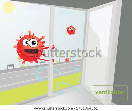 Coronavirus vector illustration on the street outside the window. Self-isolation of the house